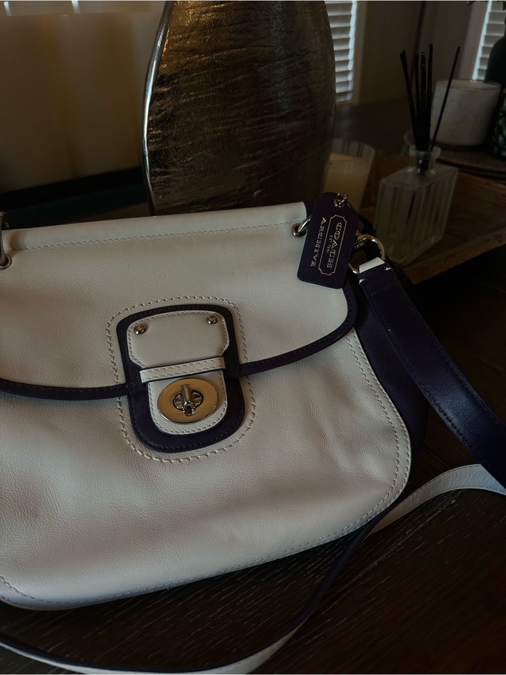 Coach Archive Collection Cream Leather & Purple Trim Flap Crossbody Bag